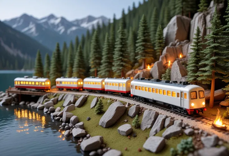 (miniature G scale white model train) with resin body, battery-powered engine, sound effects, fiber optic lights, crossing through a serene mountain diorama, with a crystal-clear lake, a wooden dock, campers around a campfire, deer grazing near the water,  Masterpiece,best quality, photo, realistic, very aesthetic,