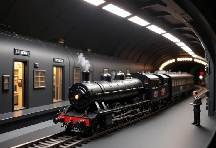 (limited-edition G scale black model train) with plastic body, steam-driven mechanism, illuminated interiors, custom nameplates, winding through a futuristic tunnel diorama, with sleek metallic walls, an underground laboratory, scientists at work, automated drones hovering, Masterpiece,best quality, photo, realistic, very aesthetic,