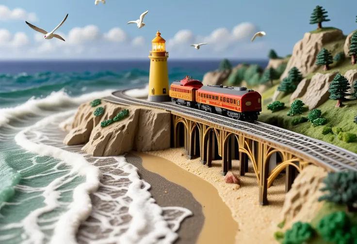 (collectible Z scale gold model train) with wood body, battery-powered engine, functioning doors, intricate pinstriping, crossing through  a coastal diorama, with sandy beaches, a lighthouse, surfers riding waves, seagulls flying overhead,  ,Masterpiece,best quality, raw photo, realistic, very aesthetic,