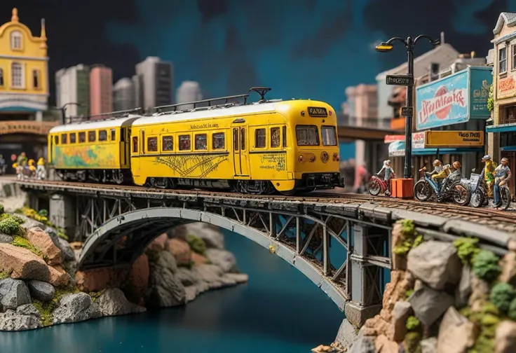 (classic HO scale yellow model train) with die-cast body, steam-driven mechanism, sound effects, realistic graffiti, rumbling through  a bustling bridge diorama, featuring a modern suspension bridge, heavy traffic, cyclists in a dedicated lane, street vendors selling snacks, ,Masterpiece,best quality, photo, realistic, very aesthetic