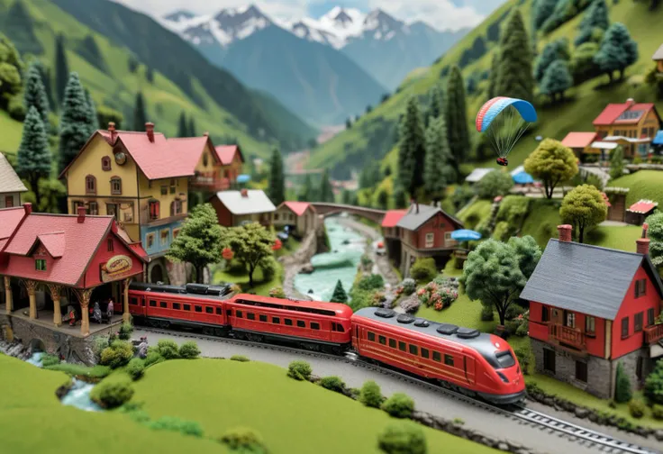 (intricate HO scale red model train) with brass body, battery-powered engine, realistic detailing, adorned with detailed paint jobs, rumbling through a vibrant mountain diorama, with lush green valleys, a charming village, paragliders soaring, a bear fishing in a stream,  ,Masterpiece,best quality, raw photo, realistic, very aesthetic