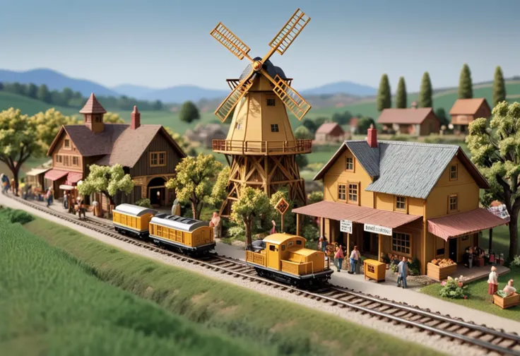 (limited-edition HO scale gold model train) with wood body, battery-powered engine, sound effects, fiber optic lights, rolling through  a charming rural diorama, featuring orchards, a rustic windmill, villagers at a local market, horses trotting along a path, ,Masterpiece,best quality, photo, realistic, very aesthetic