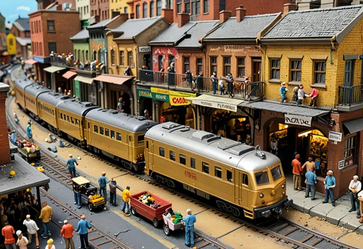 (detailed HO scale gold model train) with metal body, steam-driven mechanism, articulated joints, diorama elements, passing through  a lively urban diorama, with busy markets, colorful graffiti walls, street performers entertaining crowds, pigeons flocking around,  ,Masterpiece,best quality, photo, realistic, very aesthetic,