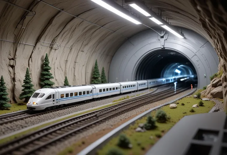 (classic HO scale white model train) with metal body, electric motor, functioning doors, fiber optic lights, passing through  a futuristic tunnel diorama, with sleek metallic walls, an underground laboratory, scientists at work, automated drones hovering,  Masterpiece,best quality, photo, realistic, very aesthetic,