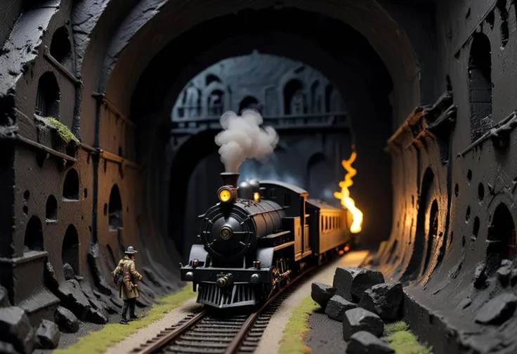 (detailed Z scale black model train) with die-cast body, battery-powered engine, illuminated interiors, brass trim, traversing through  a mysterious tunnel diorama, showcasing an ancient catacomb, flickering torches, explorers mapping the walls, rats scurrying, ,Masterpiece,best quality, photo, realistic, very aesthetic