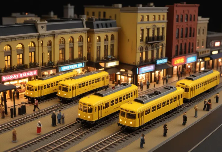 (exquisite N scale yellow model train) with brass body, steam-driven mechanism, detailed undercarriage, brass trim, traversing through  a vibrant urban diorama, featuring neon-lit streets, a trendy nightclub, partygoers lining up, taxis and buses in constant motion,  Masterpiece,best quality, photo, realistic, very aesthetic,