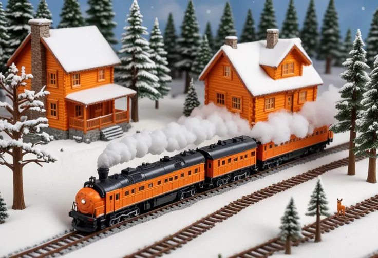 (modern O scale orange model train) with resin body, steam-driven mechanism, sound effects, intricate pinstriping, passing through  a snowy diorama, with snow-covered trees, a cozy log cabin, children building snowmen, deer foraging for food,  Masterpiece,best quality, photo, realistic, very aesthetic,