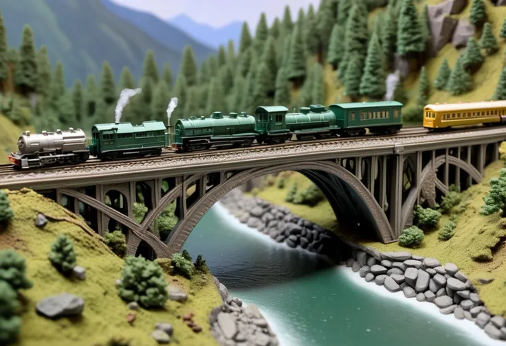 (intricate N scale green model train) with brass body, battery-powered engine, articulated joints, diorama elements, rolling through  a dynamic bridge diorama, with an old railway bridge, trains crossing, hikers exploring the trail, eagles nesting on the structure,  ,Masterpiece,best quality, raw photo, realistic, very aesthetic,