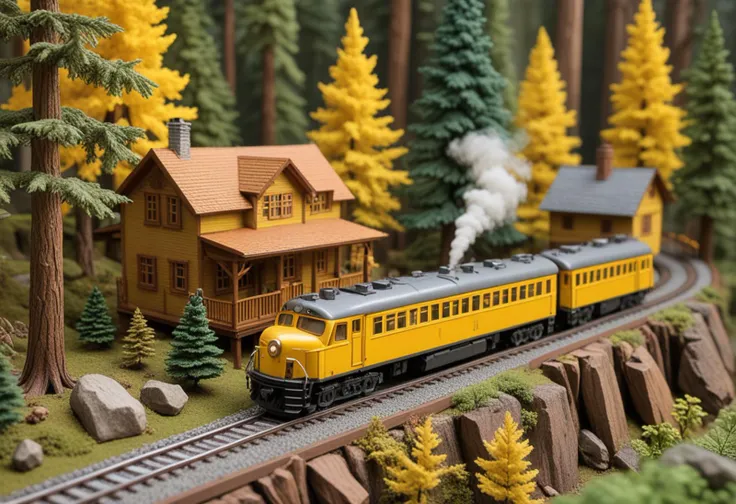 (modern G scale yellow model train) with wood body, battery-powered engine, realistic detailing, adorned with detailed paint jobs, winding through  a forest diorama, with towering trees, a hidden cabin, hikers exploring trails, squirrels gathering nuts,  Masterpiece,best quality, photo, realistic, very aesthetic,