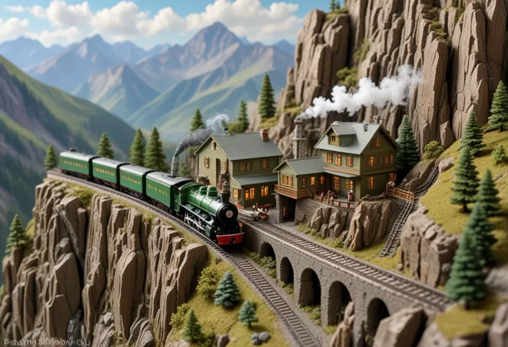 (exquisite O scale green model train) with die-cast body, steam-driven mechanism, detailed undercarriage, scale model accessories, passing through a rugged mountain diorama, showcasing rocky cliffs, a mountain lodge, climbers scaling the heights, mountain goats navigating steep terrain,  Masterpiece,best quality, photo, realistic, very aesthetic,