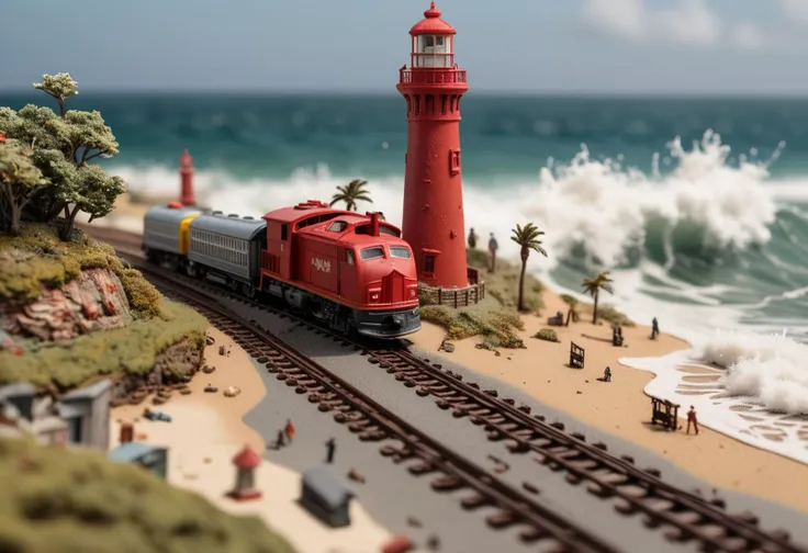 (collectible HO scale red model train) with die-cast body, electric motor, weathered finish, realistic graffiti, winding through  a coastal diorama, with sandy beaches, a lighthouse, surfers riding waves, seagulls flying overhead,  ,Masterpiece,best quality, raw photo, realistic, very aesthetic