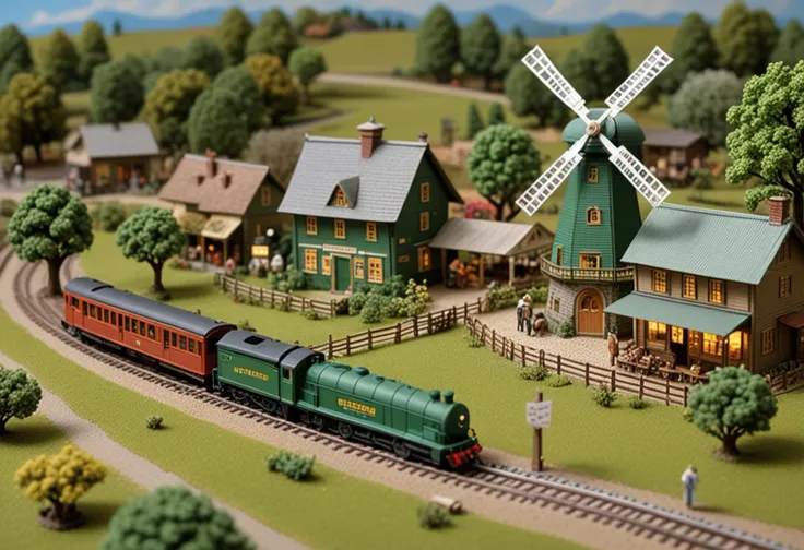 (vintage N scale green model train) with die-cast body, steam-driven mechanism, illuminated interiors, custom nameplates, crossing through  a charming rural diorama, featuring orchards, a rustic windmill, villagers at a local market, horses trotting along a path,  Masterpiece,best quality, photo, realistic, very aesthetic,