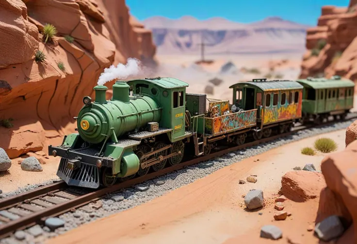 (vintage Z scale green model train) with metal body, steam-driven mechanism, prototypical paint schemes, realistic graffiti, navigating through  a vibrant desert diorama, with colorful sandstone formations, a desert camp, explorers on ATVs, a snake slithering by, ,Masterpiece,best quality, photo, realistic, very aesthetic