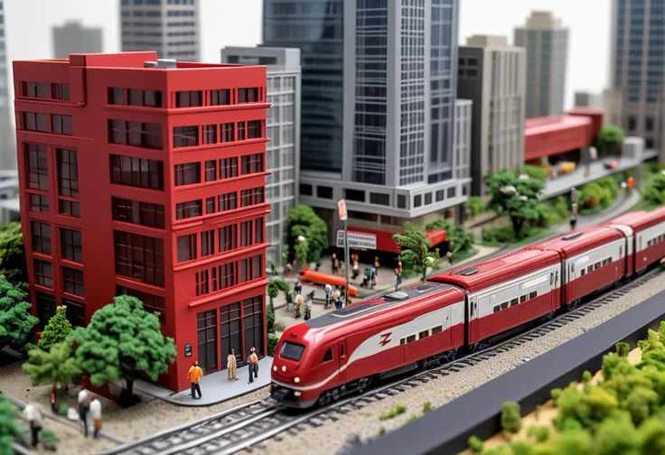 (intricate Z scale red model train) with die-cast body, electric motor, sound effects, custom nameplates, crossing through  a contemporary urban diorama, with sleek office towers, a rooftop garden, businesspeople hurrying, a street band playing music,  ,Masterpiece,best quality, raw photo, realistic, very aesthetic,