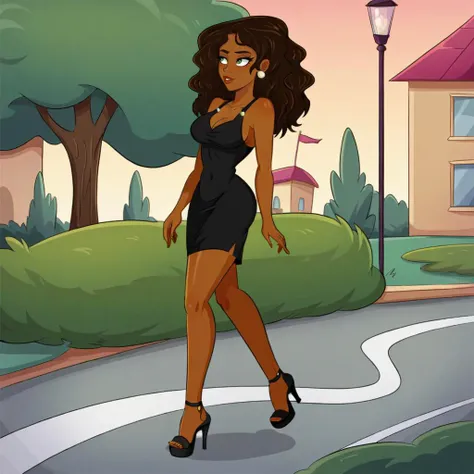 score_9, girl walking in the park, solo, <lora:LolaFL_XL:0.8> lolaFL, fake lay, very dark skin , black dress, heels