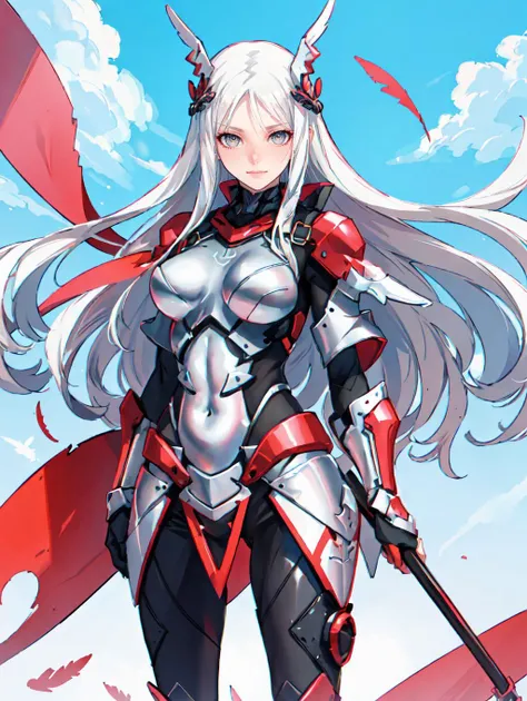 ultra detailed, masterpiece, best quality,
solo, outdoors, battlefield, falling feathers, valhalla,
cowboy shot,
facing viewer,
soft smile, light smile,
 <lora:ban-lora-v1-32dim-4ep-naivae:0.75> ban! \(bansankan\), 
serious,
1girl, (white eyes:1.1), (grey eyes:1.3), white hair, very long hair, parted hair, parted bangs, <lora:parted_hair_v1.3:1.3>, medium breasts,
valkyrie, (bodysuit:1.1), pink wing hair ornament, grey armored skirt, black bodysuit, armor, gauntlets, pink breastplate, greaves, armored dress, pink hues,