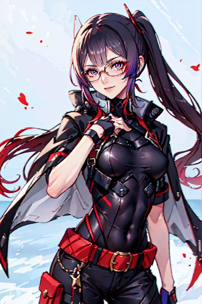 <lora:ban-lora-v1-128dim-10ep-naivae:0.75> ban! \(bansankan\),, absurdres, ultra detailed, masterpiece, best quality, aesthetic, detailed,, solo, smug smile, 1girl, purple eyes, red-framed eyewear, (black hair, red colored tips:1.2), red streaked hair, very long hair, side ponytail, tied hair, medium breasts, <lora:DipDyedHair:1> red IncursioDipDyedHair,, <lora:StS-Coat-and-Jacket-On-Shoulders-Iteration2:0.7> dataset, jacket on shoulders, coat on shoulders, red dress, sleeves rolled up, fingerless gloves, holster, belt, multiple belts, combat boots, bulletproof vest, pants, black coat, tactical clothes,