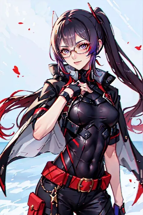 <lora:ban-lora-v1-128dim-10ep-naivae:0.75> ban! \(bansankan\),, absurdres, ultra detailed, masterpiece, best quality, aesthetic, detailed,, solo, smug smile, 1girl, purple eyes, red-framed eyewear, (black hair, red colored tips:1.2), red streaked hair, very long hair, side ponytail, tied hair, medium breasts,  <lora:DipDyedHair:1> red IncursioDipDyedHair,, <lora:StS-Coat-and-Jacket-On-Shoulders-Iteration2:0.7> dataset, jacket on shoulders, coat on shoulders, red dress, sleeves rolled up, fingerless gloves, holster, belt, multiple belts, combat boots, bulletproof vest, pants, black coat, tactical clothes,