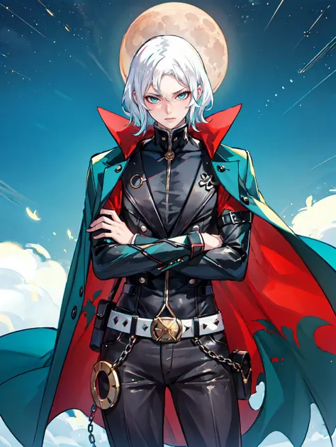 ultra detailed, masterpiece, best quality,
(solo:1.2),
cowboy shot, night, black theme, evil, moon, green mist, victorian, medieval, military, graveyard,
facing viewer, crossed arms,
<lora:ban-lora-v1-32dim-4ep-naivae:0.75> ban! \(bansankan\),
1boy, teal eyes, <lora:Tsurime3:1>, (tsurime:1.2), parted bangs, white hair, medium hair, straight hair, shoulder-length hair, male focus, male focus,
coat, shirt, pants, studded belt, multiple belts, combat boots, torn clothes, necklace, black and green coat,