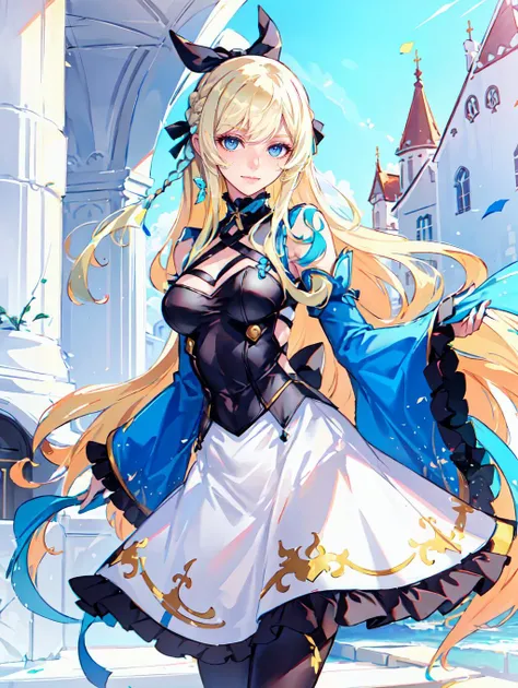 (adult girl,long blonde hair with white strands,blue eyes,black Chinese clothes,smile,masterpiece:1.2,high-quality,good details,feminine,expressive face,detailed eyes, straight cute bangs, sleevless dress, fantasy, beautiful girl, 1 girl, pale skin, standing position)