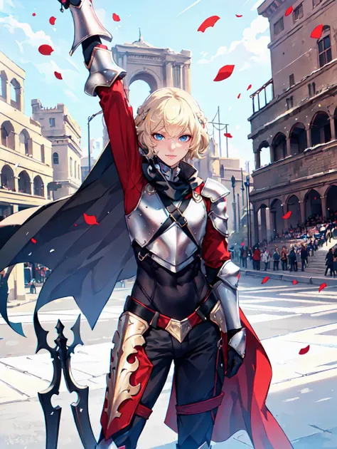ultra detailed, masterpiece, best quality,
(solo:1.2),
cowboy shot, red theme, colosseum, river plate, outdoors, arena, (arm up, shouting:1.35), confetti,
facing viewer,
<lora:ban-lora-v1-32dim-4ep-naivae:0.75> ban! \(bansankan\),
smile,
(1boy:1.3), blue eyes, short hair, blonde hair, (parted bangs, parted hair:1.35), hair intakes, (male focus:1.35), (muscular male:1.2),
armor, pauldrons, cuirass, gauntlets, waist cape, greaves, black bodysuit, surcoat, shoulder sash, wing shoulder armor, cape, pants, pelvic curtain,