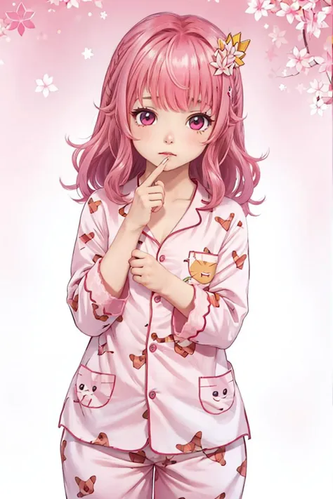 <lora:curcuma:0.8> curcuma, 1girl, looking_at_viewer, hair_ornament, pink_hair, loose hair cute, 
 <lora:pajamas:0.8> pajamas