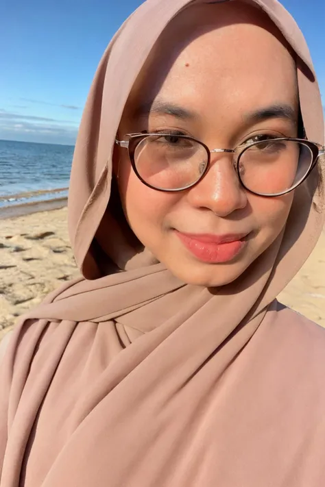 medium (close up:0.5) shot, <lora:Irah:0.8>, solo, photo of a woman, wearing a hijab, glasses, standing, at the beach, sunny day, day off from work, (sharp forcus, highly detailed, 4k, 8k, best quality, masterpiece, ultra highres:1)