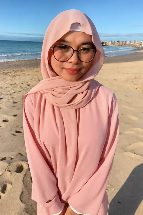 medium (close up:0.5) shot, <lora:Irah:0.8>, solo, photo of a woman, wearing a hijab, glasses, standing, at the beach, sunny day, day off from work, (sharp forcus, highly detailed, 4k, 8k, best quality, masterpiece, ultra highres:1)