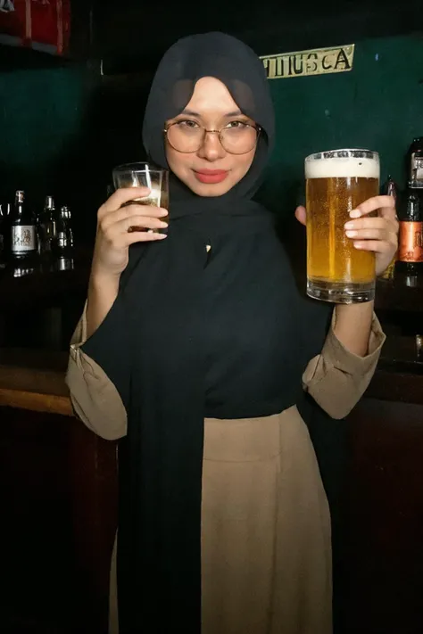 medium shot, <lora:Irah:0.8>, solo, photo of a woman, wearing a hijab, glasses, standing in a bar, drinking beer, having fun, crowded, men ,(sharp forcus, highly detailed, 4k, 8k, best quality, masterpiece, ultra highres:1)