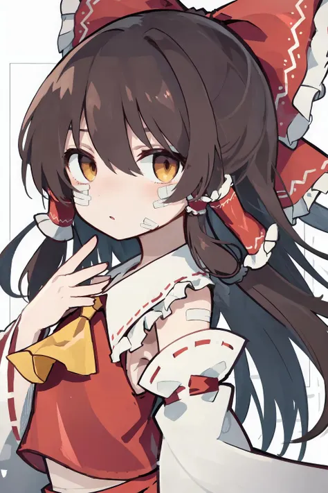 1girl,solo,hakurei reimu,detached sleeves,hair tubes,long hair,bow,ascot,red bow,hair bow,brown hair,yellow ascot,brown eyes,upper body,wide sleeves,frills,looking at viewer,bangs,frilled hair tubes,hair between eyes,frilled bow,bandaid,shirt,ribbon-trimmed sleeves,ribbon trim,red shirt,hand up,red vest,bare shoulders,bandages,vest,sidelocks,nontraditional miko,chibi,so-style,