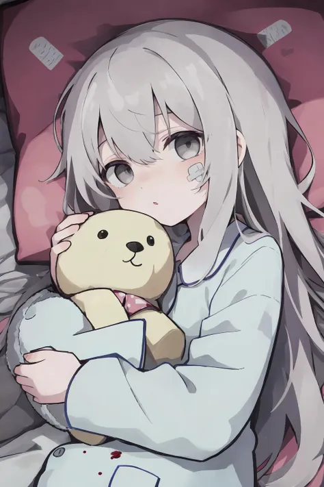 1girl,bandaid,stuffed toy,stuffed animal,pajamas,solo,long sleeves,long hair,white hair,blood,grey eyes,lying,chibi,so-style,