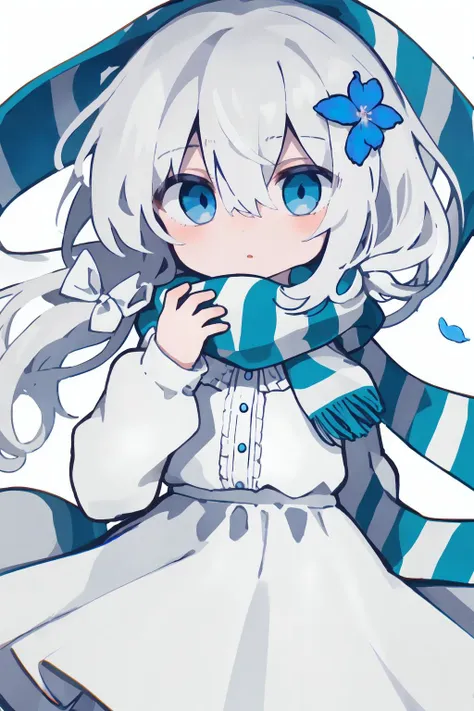 1girl,solo,blue eyes,scarf,dress,long hair,hair ornament,flower,white dress,hair flower,white hair,bow,white background,striped scarf,looking at viewer,hair bow,blue flower,striped,ribbon,simple background,hair between eyes,cowboy shot,bangs,chibi,so-style,