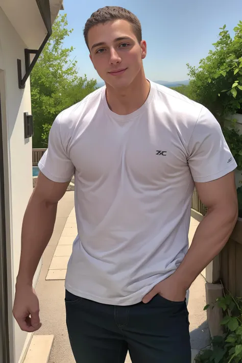 photo of man sc_danny <lora:sc_danny-v1:0.8> (wearing a shirt:1) outdoors