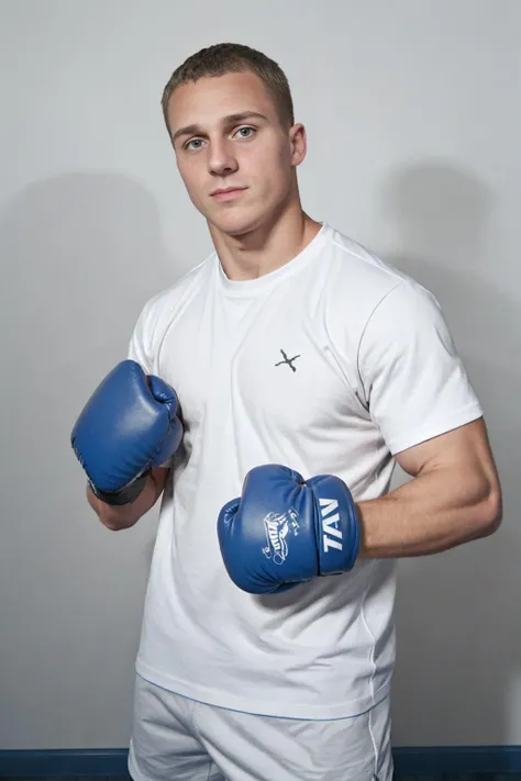 RAW Photo, (wearing a shirt) medium shot photo of man sc_danny <lora:sc_danny-05:0.7> with his fists up wearing boxing gloves, simple background