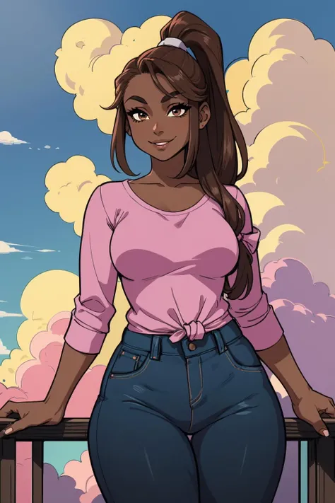 1girl, (solo:1.2), (standing:1.3), (posing for the camera:1.3), (cowboy shot:1.5), smile, happy, at ease, (curvy:1.2), (masterpiece:1.3), (best quality:1.3), (perfect anatomy:1.4), highly detailed, <lora:Agawa Ryou [MockAi - v1.0]:0.75> agawa, vibrant colors, warm palette, expressive, solid shading, clean lineart, (dark-skinned female:1.4), (dark skin:1.3), long hair, (ponytail:1.4), (brown eyes:1.3), tied hair, beautiful face, beautiful eyes, (casual attire:1.5), shirt, loose fit, (beautiful white clouds:1.3), puffy clouds, white sky