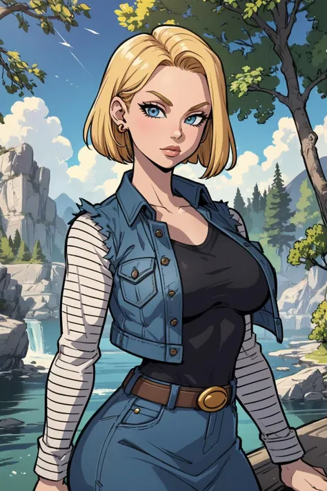 1girl, (solo:1.2), (looking at viewer:1.5), (upper body:1.5), (walking:1.2), (cowboy shot:1.5), (masterpiece:1.3), (best quality:1.3), (perfect anatomy:1.4), highly detailed, (secluded river scenery:1.2), (sunlight through trees:1.3), daylight,natural rock formations, nature,, <lora:DB - Android 18 [AsuraAI - v1.0]:0.85> android18, earrings, denim, belt, blonde hair, blue eyes, short hair, jewelry, (denim vest:1.2), open vest, black pantyhose, black shirt, denim skirt, (white striped long sleeves), blue skirt, large breasts, <lora:Hews [MockAi - v1.0]:1> hews, (sketchy artstyle:1.3), (muted colors:1.2), simplified shading, (saturated hues:1.2)
