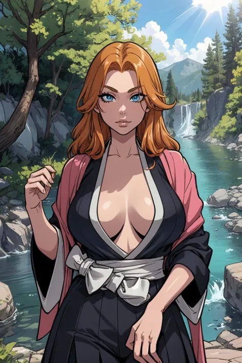 1girl, (solo:1.2), (looking at viewer:1.5), (upper body:1.5), (walking:1.2), (cowboy shot:1.5), (masterpiece:1.3), (best quality:1.3), (perfect anatomy:1.4), highly detailed, (secluded river scenery:1.2), (sunlight through trees:1.3), daylight,natural rock formations, nature,, <lora:Matsumoto Rangiku [Goofy_Ai - v1.0]:1> matsumoto rangiku, orange hair, long hair, blue eyes, huge breasts, japanese clothes, cleavage, kimono, sash, <lora:Agawa Ryou [MockAi - v1.0]:0.75> agawa, vibrant colors, warm palette, expressive, solid shading, clean lineart