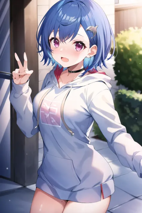 (masterpiece), (best quality),  <lora:nishizono_chigusa_v2:0.7>, 1girl, solo, fang, blue hair, skin fang, short hair, hair behind ear, purple eyes, white hoodie, hood, no pants, long sleeves, choker, hair ornament, medium breasts, mole on thigh, outdoors, blush, embarrassed, light from behind, dynamic pose