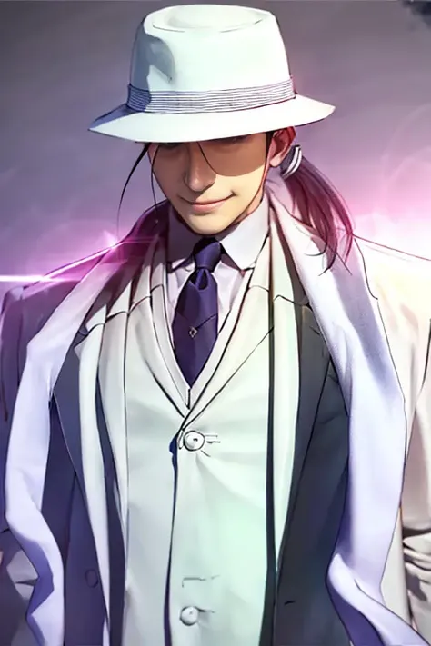 1boy,ponytail, <lora:Chara_kimblee:1>,( upper body:1.2), white suit, smirk, hat, EXPOSURE