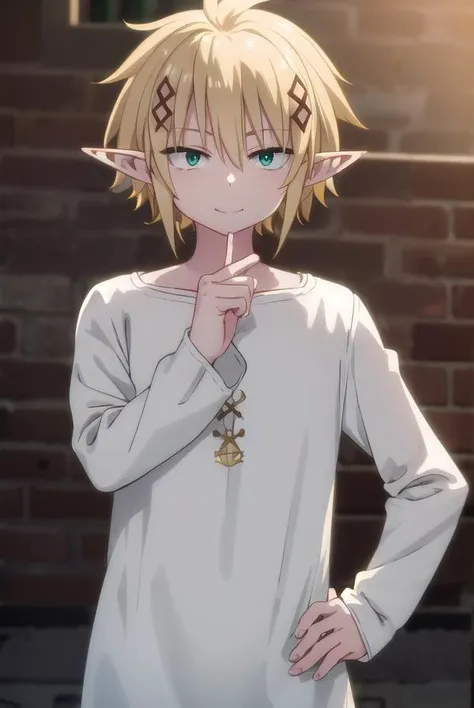 reviewerzel, <lora:reviewer zel male s1-lora-nochekaiser:1>,
zel, short hair, bangs, blonde hair, hair ornament, (green eyes:1.5), male focus, pointy ears, x hair ornament, elf, smile,
BREAK shirt, long sleeves, collarbone, white shirt, pants,
BREAK outdoors,
BREAK looking at viewer, (cowboy shot:1.5),
BREAK <lyco:GoodHands-beta2:1>, (masterpiece:1.2), best quality, high resolution, unity 8k wallpaper, (illustration:0.8), (beautiful detailed eyes:1.6), extremely detailed face, perfect lighting, extremely detailed CG, (perfect hands, perfect anatomy),