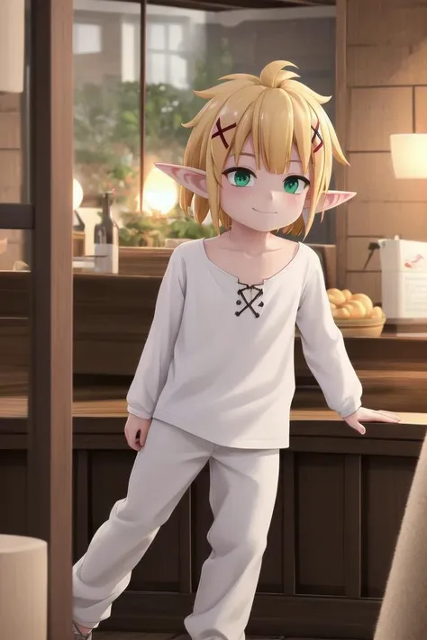 <lora:reviewer zel male s1-lora-nochekaiser:0.7> zel, short hair, bangs, blonde hair, hair ornament, green eyes, (male focus:1.2), male body shape, pointy ears, x hair ornament, elf, || shirt, long sleeves, collarbone, white shirt, white wide pants, (blush:0.6), slight grin,
wooden tavern,
The soft lighting and detailed surroundings create an immersive environment where imagination runs wild hyper-detailed, hyper-detailed face, high quality visuals, dim Lighting, sharply focused, octane render, 8k UHD