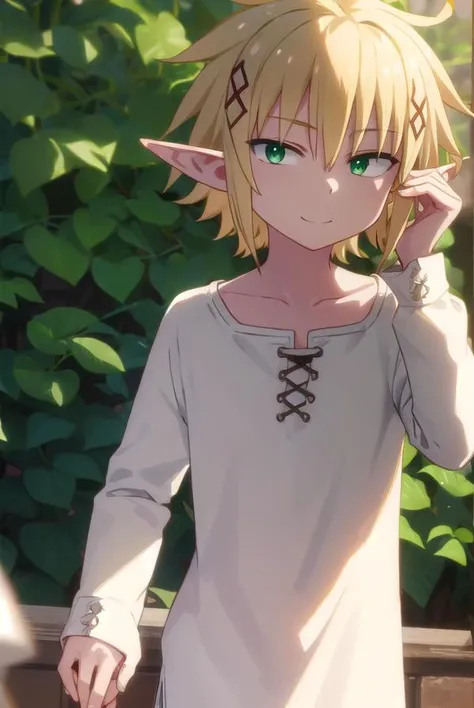 reviewerzel, <lora:reviewer zel male s1-lora-nochekaiser:1>,
zel, short hair, bangs, blonde hair, hair ornament, (green eyes:1.5), male focus, pointy ears, x hair ornament, elf, smile,
BREAK shirt, long sleeves, collarbone, white shirt, pants,
BREAK outdoors,
BREAK looking at viewer, (cowboy shot:1.5),
BREAK <lyco:GoodHands-beta2:1>, (masterpiece:1.2), best quality, high resolution, unity 8k wallpaper, (illustration:0.8), (beautiful detailed eyes:1.6), extremely detailed face, perfect lighting, extremely detailed CG, (perfect hands, perfect anatomy),