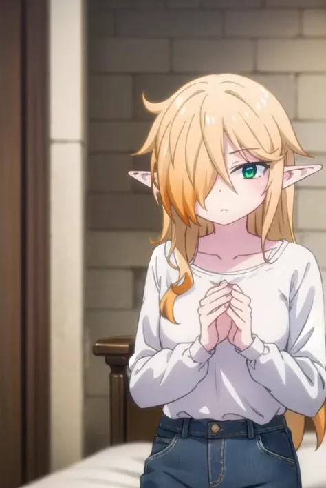 reviewerzel, <lora:reviewer zel female s1-lora-nochekaiser:1>,
zel, long hair, blonde hair, (green eyes:1.3), pointy ears, (hair over one eye:1.5), elf,
BREAK shirt, long sleeves, pants, denim, jeans, (white shirt:1.5), collarbone,
BREAK indoors, bed,
BREAK looking at viewer, (cowboy shot:1.5),
BREAK <lyco:GoodHands-beta2:1>, (masterpiece:1.2), best quality, high resolution, unity 8k wallpaper, (illustration:0.8), (beautiful detailed eyes:1.6), extremely detailed face, perfect lighting, extremely detailed CG, (perfect hands, perfect anatomy),
