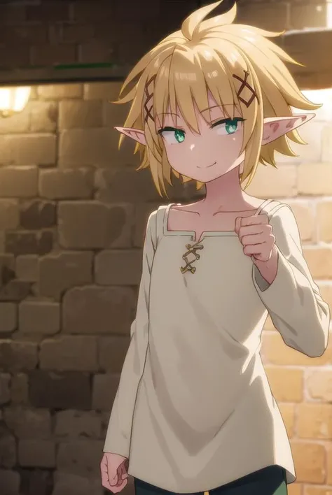 reviewerzel, <lora:reviewer zel male s1-lora-nochekaiser:1>,
zel, short hair, bangs, blonde hair, hair ornament, (green eyes:1.5), male focus, pointy ears, x hair ornament, elf, smile,
BREAK shirt, long sleeves, collarbone, white shirt, pants,
BREAK outdoors,
BREAK looking at viewer, (cowboy shot:1.5),
BREAK <lyco:GoodHands-beta2:1>, (masterpiece:1.2), best quality, high resolution, unity 8k wallpaper, (illustration:0.8), (beautiful detailed eyes:1.6), extremely detailed face, perfect lighting, extremely detailed CG, (perfect hands, perfect anatomy),