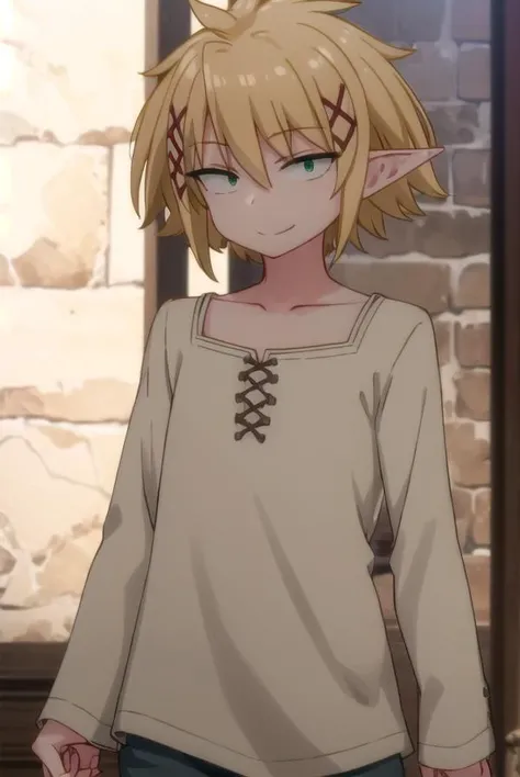 reviewerzel, <lora:reviewer zel male s1-lora-nochekaiser:1>,
zel, short hair, bangs, blonde hair, hair ornament, (green eyes:1.5), male focus, pointy ears, x hair ornament, elf, smile,
BREAK shirt, long sleeves, collarbone, white shirt, pants,
BREAK outdoors,
BREAK looking at viewer, (cowboy shot:1.5),
BREAK <lyco:GoodHands-beta2:1>, (masterpiece:1.2), best quality, high resolution, unity 8k wallpaper, (illustration:0.8), (beautiful detailed eyes:1.6), extremely detailed face, perfect lighting, extremely detailed CG, (perfect hands, perfect anatomy),