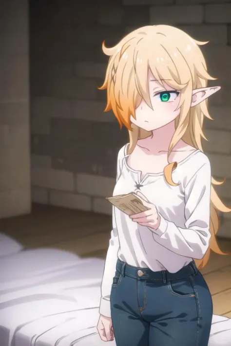 reviewerzel, <lora:reviewer zel female s1-lora-nochekaiser:1>,
zel, long hair, blonde hair, (green eyes:1.3), pointy ears, (hair over one eye:1.5), elf,
BREAK shirt, long sleeves, pants, denim, jeans, (white shirt:1.5), collarbone,
BREAK indoors, bed,
BREAK looking at viewer, (cowboy shot:1.5),
BREAK <lyco:GoodHands-beta2:1>, (masterpiece:1.2), best quality, high resolution, unity 8k wallpaper, (illustration:0.8), (beautiful detailed eyes:1.6), extremely detailed face, perfect lighting, extremely detailed CG, (perfect hands, perfect anatomy),