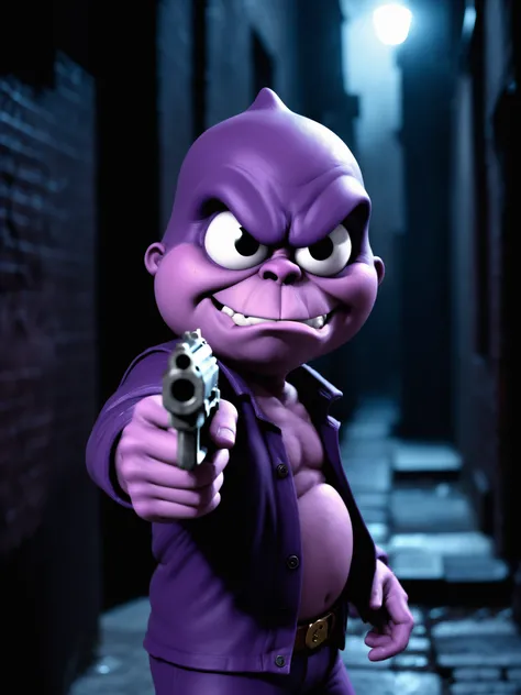 <lora:BonziBUDDY:0.8> (bonzibuddy:1.2), pointing a pistol at viewer, angry, dark alleyway background, nighttime, poor lighting, spooky, mugging, crime, stick up, closeup, looking at viewer