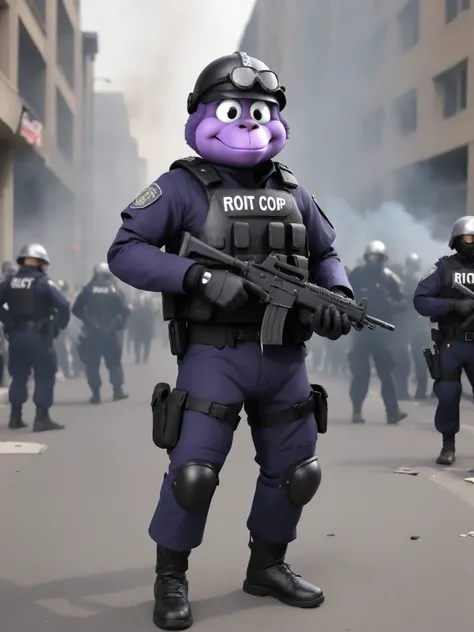 <lora:BonziBUDDY:0.9> (bonzibuddy:1.2) as a riot cop, riot in background, tactical gear