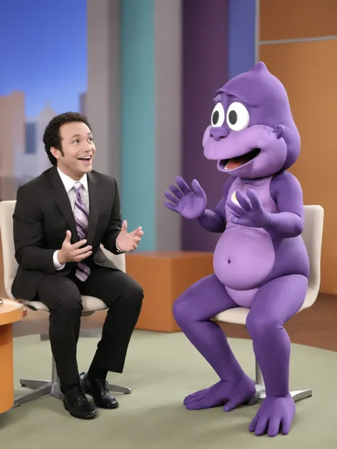 <lora:BonziBUDDY:0.9> bonzibuddy hosting a daytime television talk show, dress clothes, gesturing hands, guests, sitting down