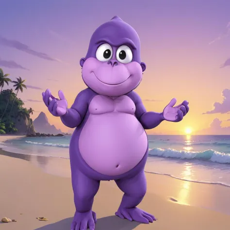 anime artwork <lora:BonziBUDDY:0.9> 4 fingers, 4 toes, ape, black pupils, bonzibuddy, cartoon, chubby, dark purple nose, light purple skin, monkey, purple fur, white eyes, standing on beach, beautiful sunset, clear skies, . anime style, key visual, vibrant, studio anime, highly detailed
